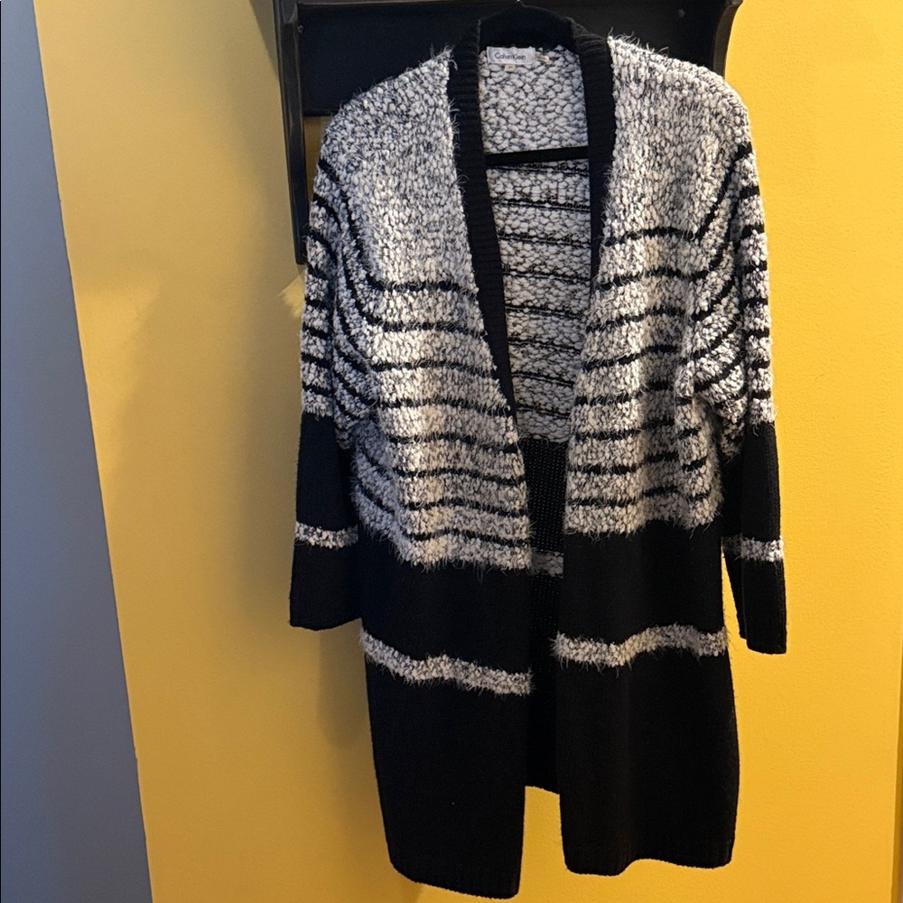 Calvin Klein Black and White Striped Open-Front Cardigan
